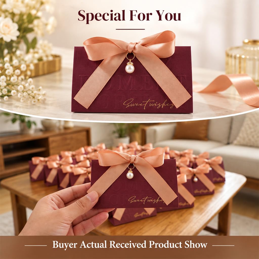 HASTHIP 10-Piece 5.1 x 3 in Favor Boxes with Gold Stamping, Ribbon, Wooden Ring and Pearl Closure