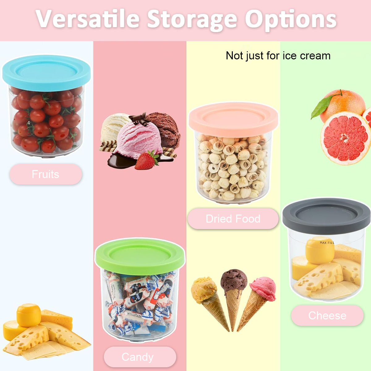 HASTHIP® 4Pcs 16Oz Ice Cream Tubs Compatible with Ninja CREAMi Ice Cream Maker NC300, NC299AM Ice Cream Tubs Ice Cream Pints with Lids for Ninja Ice Cream Maker, with 4 Color Spoons & Ice Cream Scoop