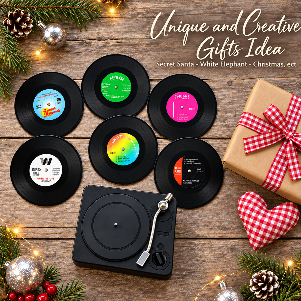 HASTHIP Retro Vinyl Record Coaster Set with Six 10cm Coasters and Record Player Holder
