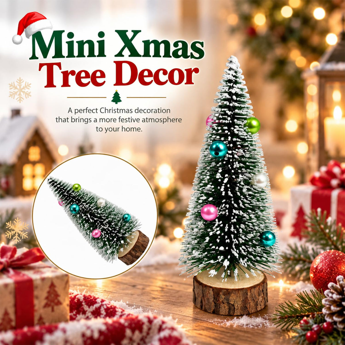 HASTHIP 2-Piece 15cm Mini Christmas Trees with Frosted Sisal, Bead Ornaments and Wood Bases