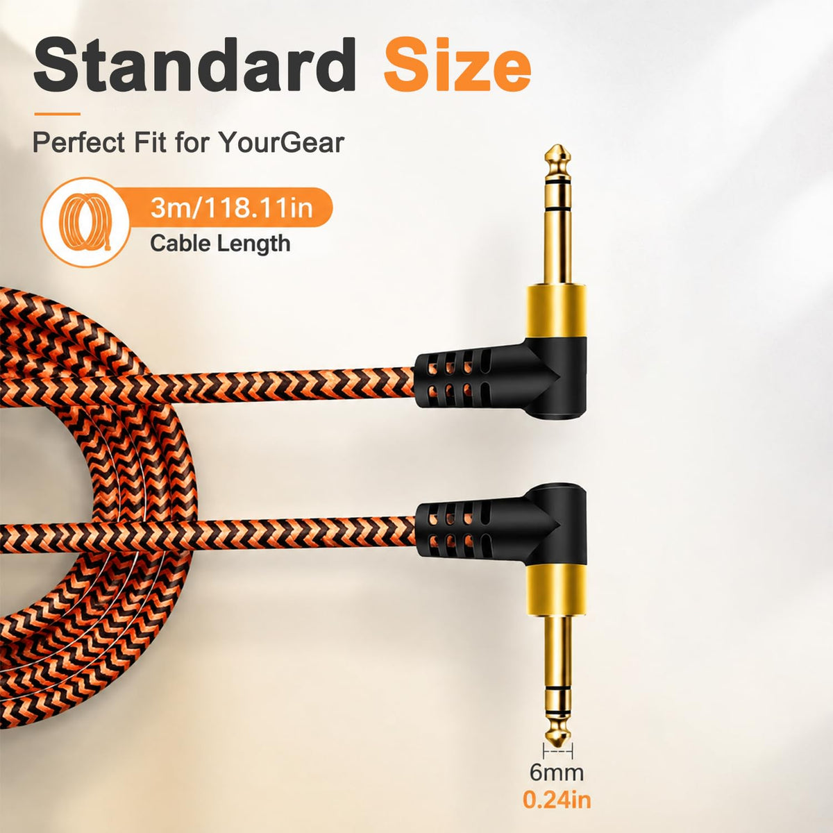 HASTHIP 3m 6.35mm TRS Instrument Cable with Dual Right-Angle Plugs and Braided Nylon Jacket