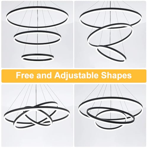HASTHIP® LED Pendant Light, 3 Rings Ceiling Light, with Dimmable and Adjustable Color Chandelier Lamp, with Remote Ceiling Lights for Living Room for Dining Room Bedroom Hallway (Black)