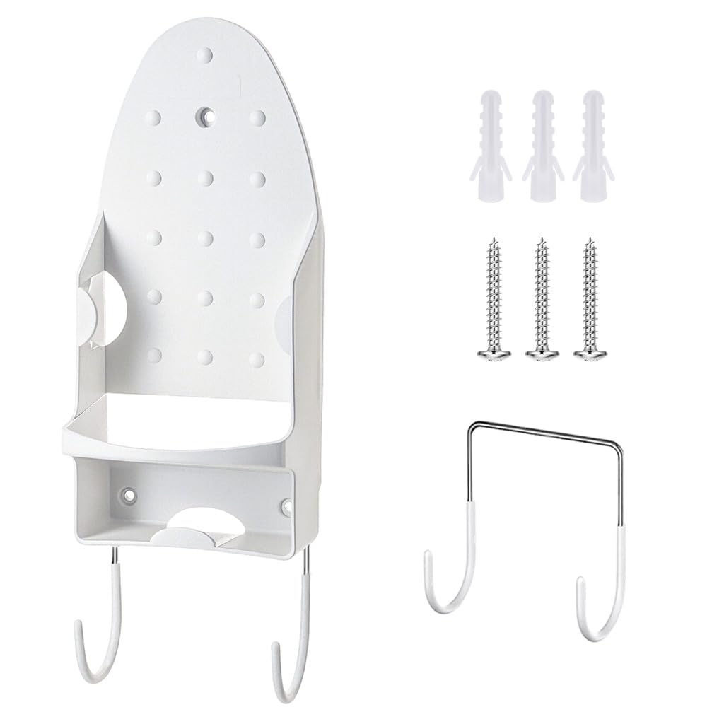 HASTHIP® Wall Mounted Ironing Board Holder with Heat Resistant Iron Storage Shelf, Space-Saving Iron Organizer with Hooks for Laundry Room, Bathroom or Bedroom - White