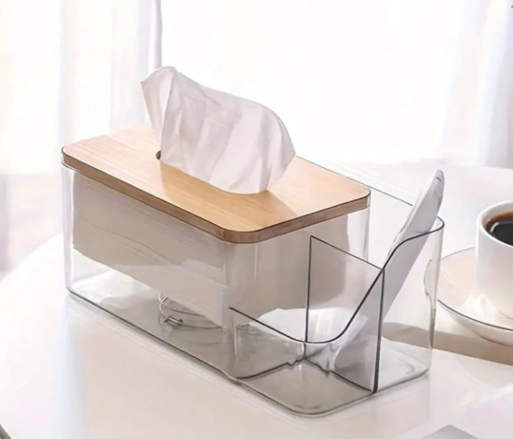 HASTHIP® Tissue Paper Dispenser Box, 2 in 1 Clear Desk Tissue Paper Dipenser Case with Wooden Lid Desk Organizer Remote Holder, 30.5x11.7x9.8cm