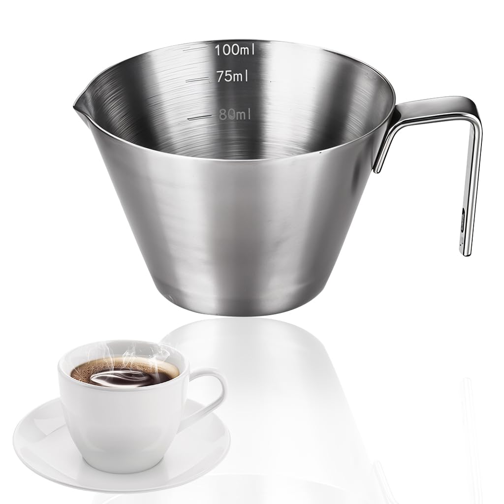 HASTHIP® 100ml Stainless Steel Espresso Measuring Cup with Handle, Dual Spout V-Nozzle Small Coffee Milk Pitcher for Kitchen, Oil, Liquid, and Barista Use