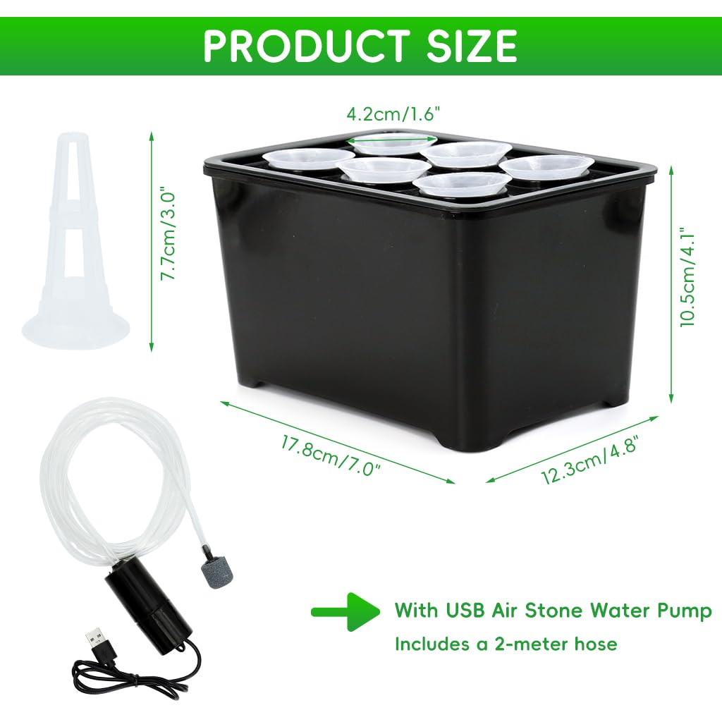 HASTHIP Hydroponic System Kit for Indoor Gardening with 6 Compartments and USB Air Pump | Black PP Grow Box