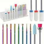 HASTHIP® Brocas de Manicura Diamante para Uñas,Nail Drill Bits con Soporte de Almacenamiento,Broca Eléctrica Acero Tungsteno para Pulido y Molienda Profesional Accesorio Arte Uñas