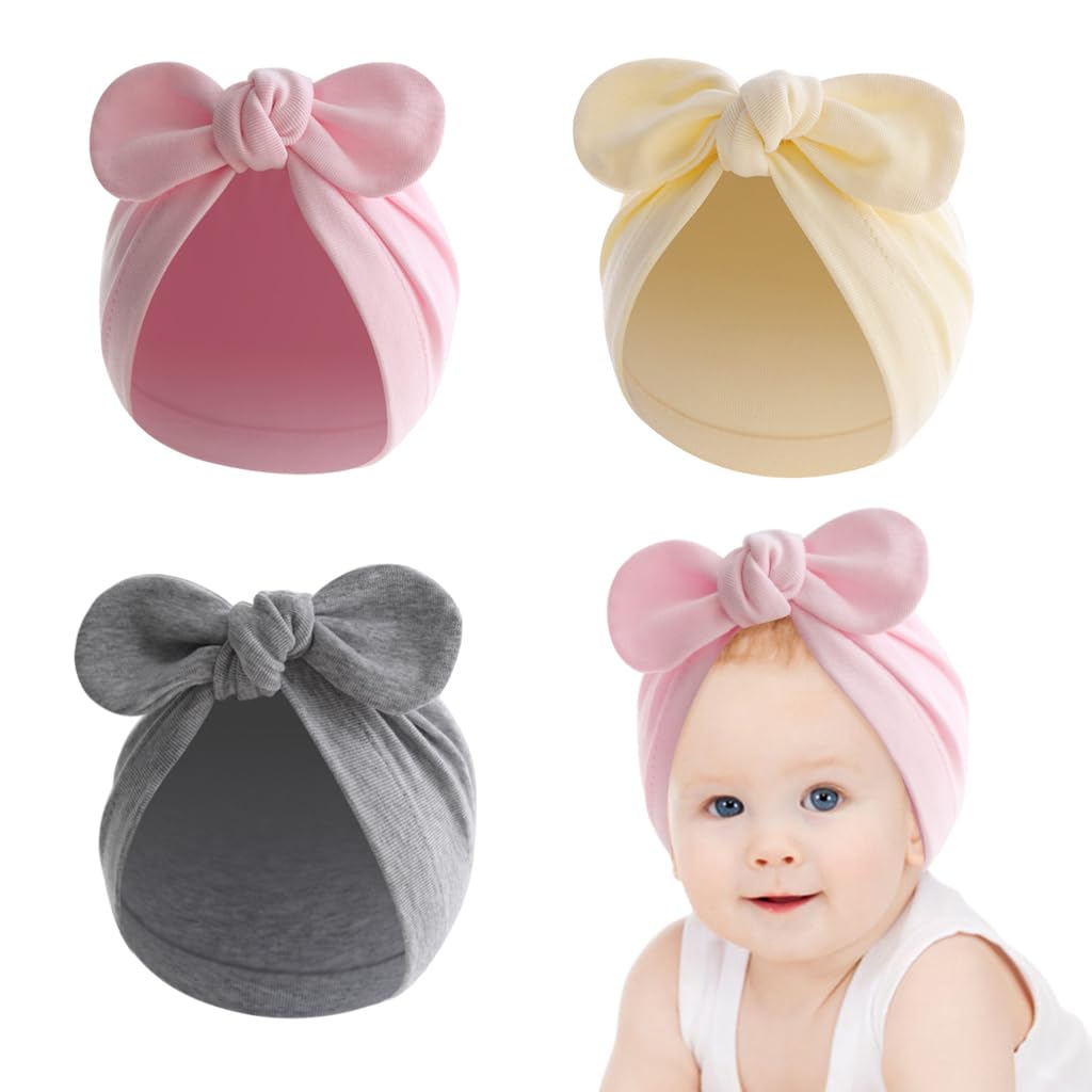 HASTHIP® Gorros de Bebé 3 Piezas Algodón Suave, Sombreros con Lazo para Recién Nacido Niño Niña 0-12 Meses, Túnica Turbante Cómoda y Transpirable, Regalo Ideal para Baby Shower