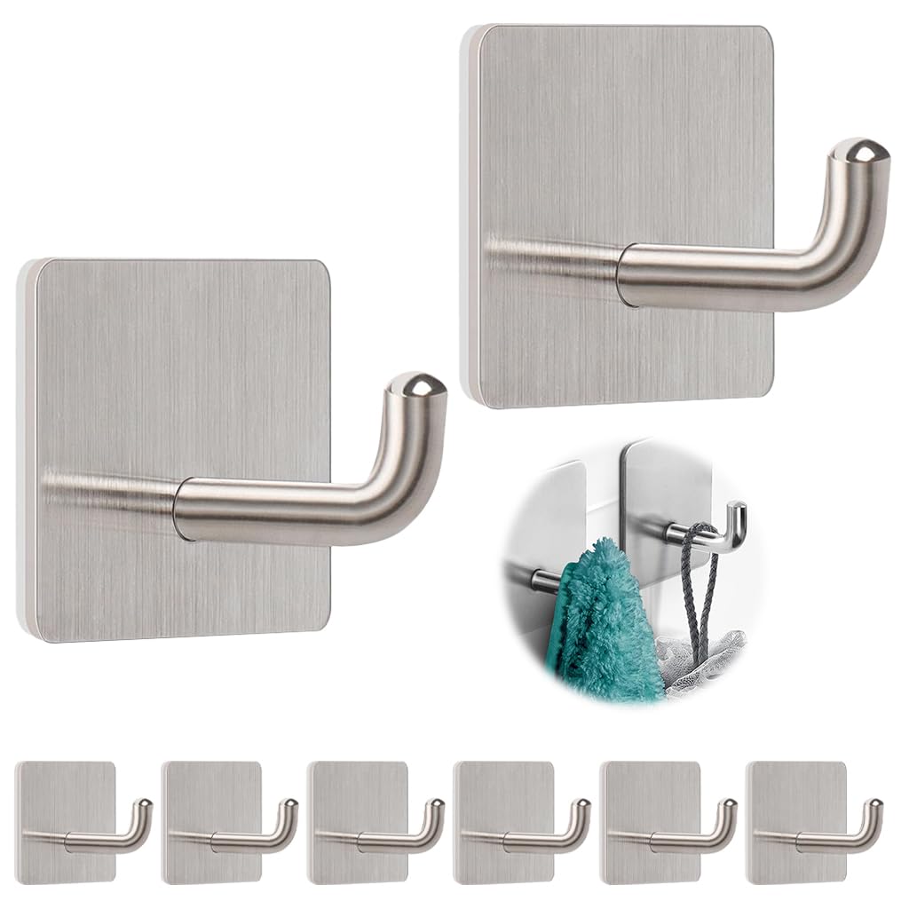 HASTHIP Self Adhesive Wall Hooks for Bathroom and Kitchen with 6.6lbs Capacity | Rust-Proof Stainless Steel Pack of 8
