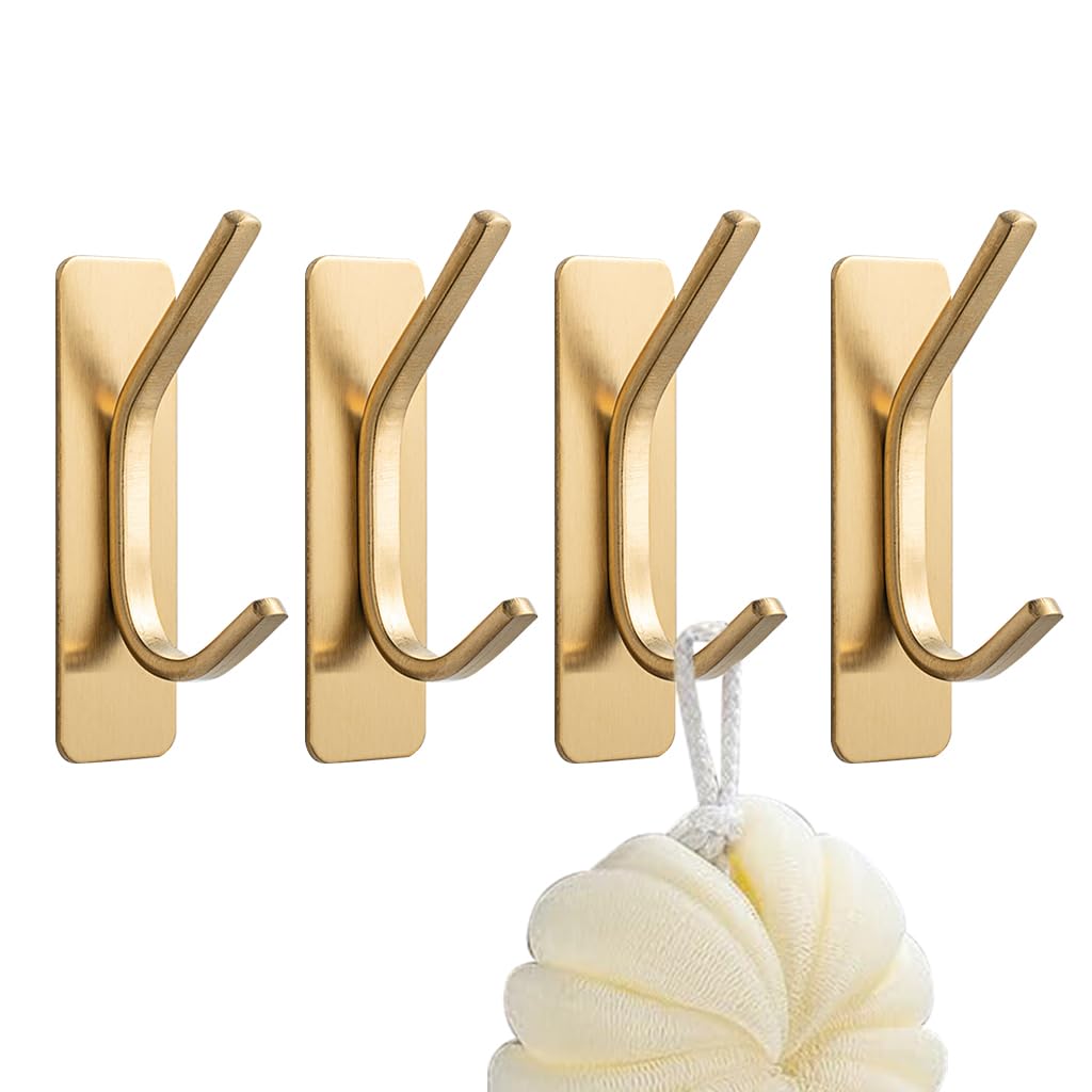 HASTHIP® 4Pcs Wall Hooks Golden Finish Stainless Steel Coat Hat Wall Hooks with Dual-Hook Design and No Drill Strong Adhesive Backing, Reliable Wall Hooks for Kitchen Bathroom Entry Organization