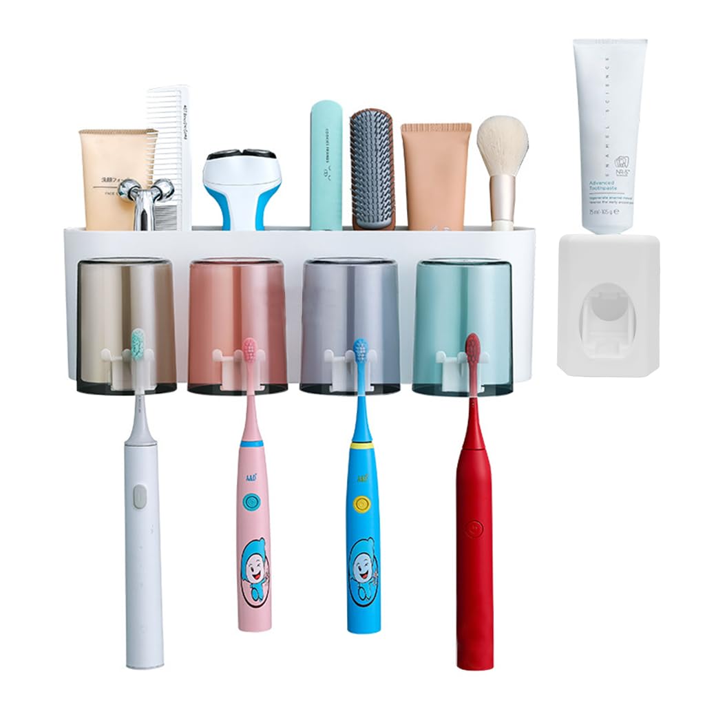 HASTHIP Toothbrush Holder with Toothpaste Dispenser and Adhesive Mount | Holds 4 Brushes & Cups for Family Bathroom Organization