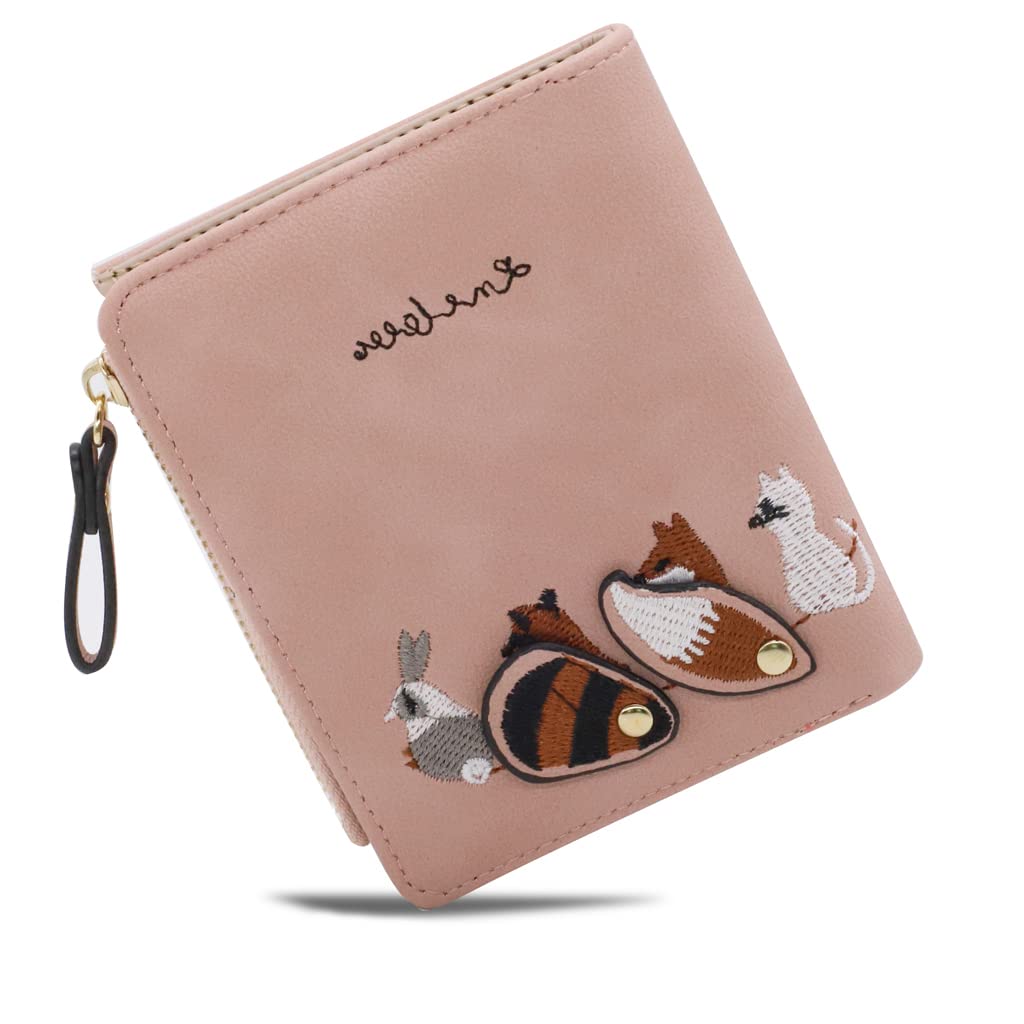 HASTHIP® Wallets for Women Stylish PU Leather Coins Zipper Pocket Cute Mini Animals Embroidery Short Wallet Card Holder Billfold Purse Wallet Gift for Girls (Pink)