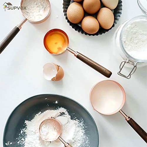HASTHIP® 8Pcs Measuring Cups and Spoons Set, Stainless Steel Measuring Cup with Wood Handle, Rose Gold Polished Finish, 60ml/80ml/125ml/250ml/1.25ml/2.5ml/5ml/15ml, for Cooking and Baking