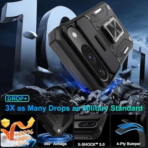 HASTHIP® Magnetic Phone Case for Google Pixel 9 & 9 Pro with Sliding Camera Shield & Stereoscopic Full Body Heavy Duty Rugged Shockproof Protective Phone Cover Holder Hard Cover Case Kickstand Ring