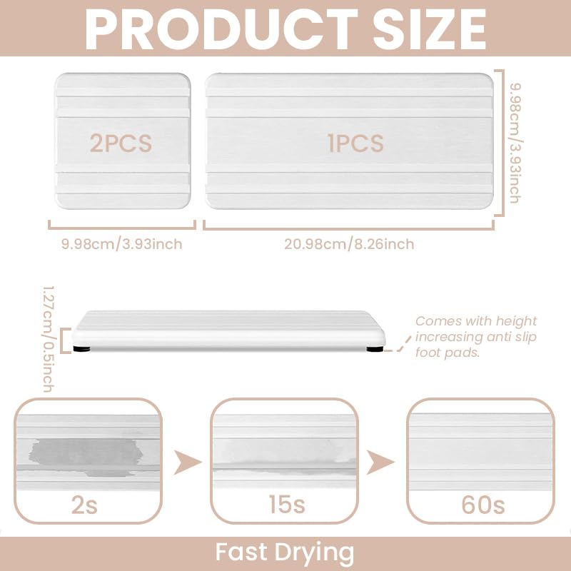 HASTHIP Bathroom Tray Absorbent Pads Set for Vanity Use featuring Non Slip Base and Quick Dry Diatom Mud | 3Pcs White Reusable Mats