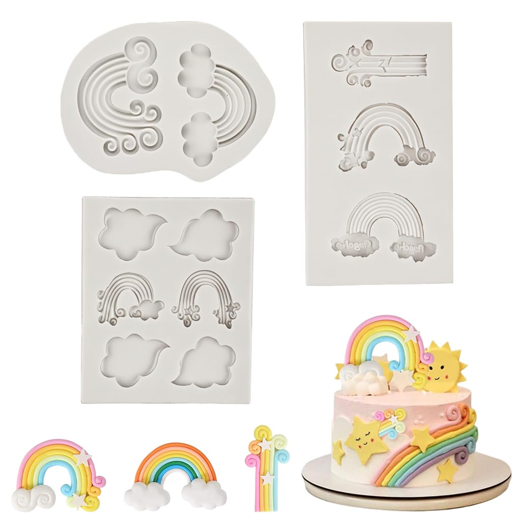 HASTHIP® 3Pcs Silicone Fondant Molds, Food Grade Silicone Baking Molds, Dreamy Rainbow Cloud Mold Set for Cake Decorating, Chocolate, Candy, Sugarcraft