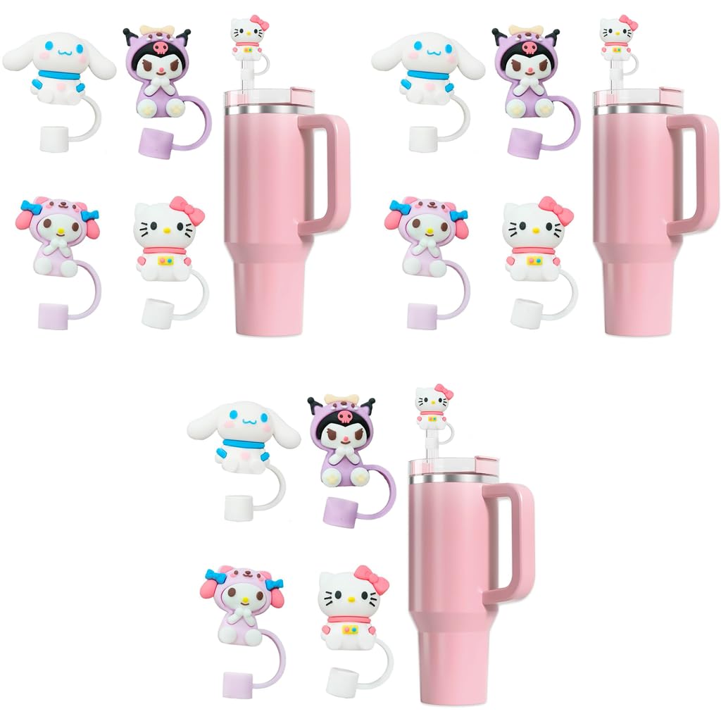 HASTHIP Kawaii Sanrio Drinking Straw Lids 12PCS for 10mm Straws with Anti Lost Loop | Food Grade Silicone