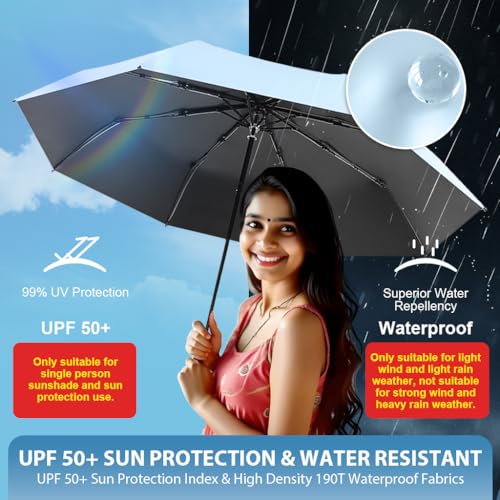 HASTHIP® UPF 50+ Travel Umbrella Compact Folding Windproof Lightweight Sun & Rain Protection Black Coated Liner Fiberglass Ribs Portable Fashion Mini Parasol with Rubberized Loop Handle, Blue