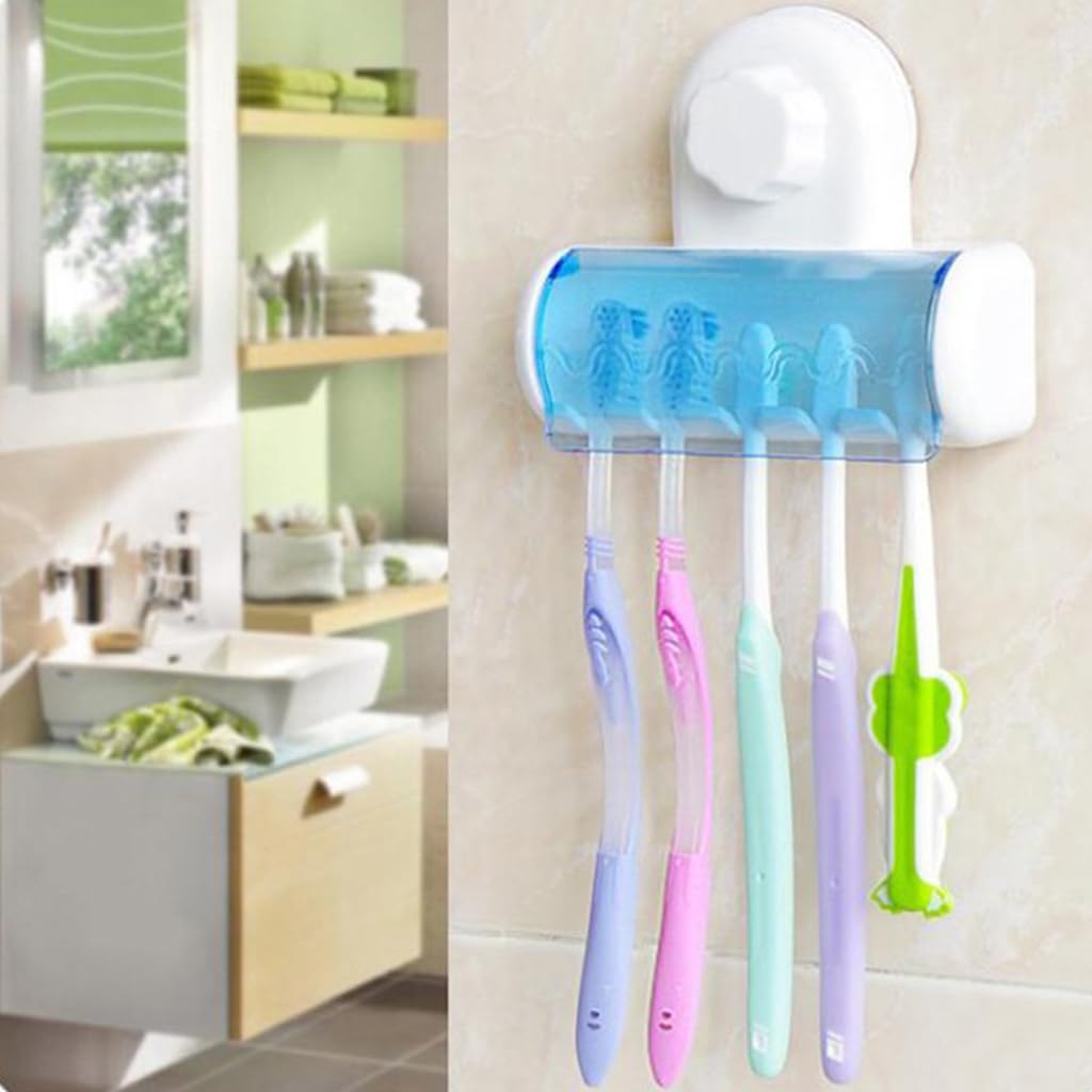 HASTHIP Toothbrush Holder for Bathroom with 5 Slot Dustproof Cover and Suction Mount | Family Organizer