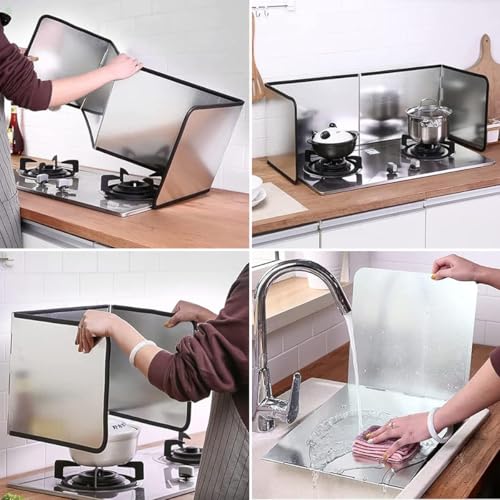 HASTHIP® Kitchen Oil Splash Guard Reuseable Oil Splash Guard One-Piece Dual Stove Oil Splash Guard Aluminum Foil Oil Splash Guard for Twin Stove Oil Splash Proof Screen Board, 76x29.5x30cm