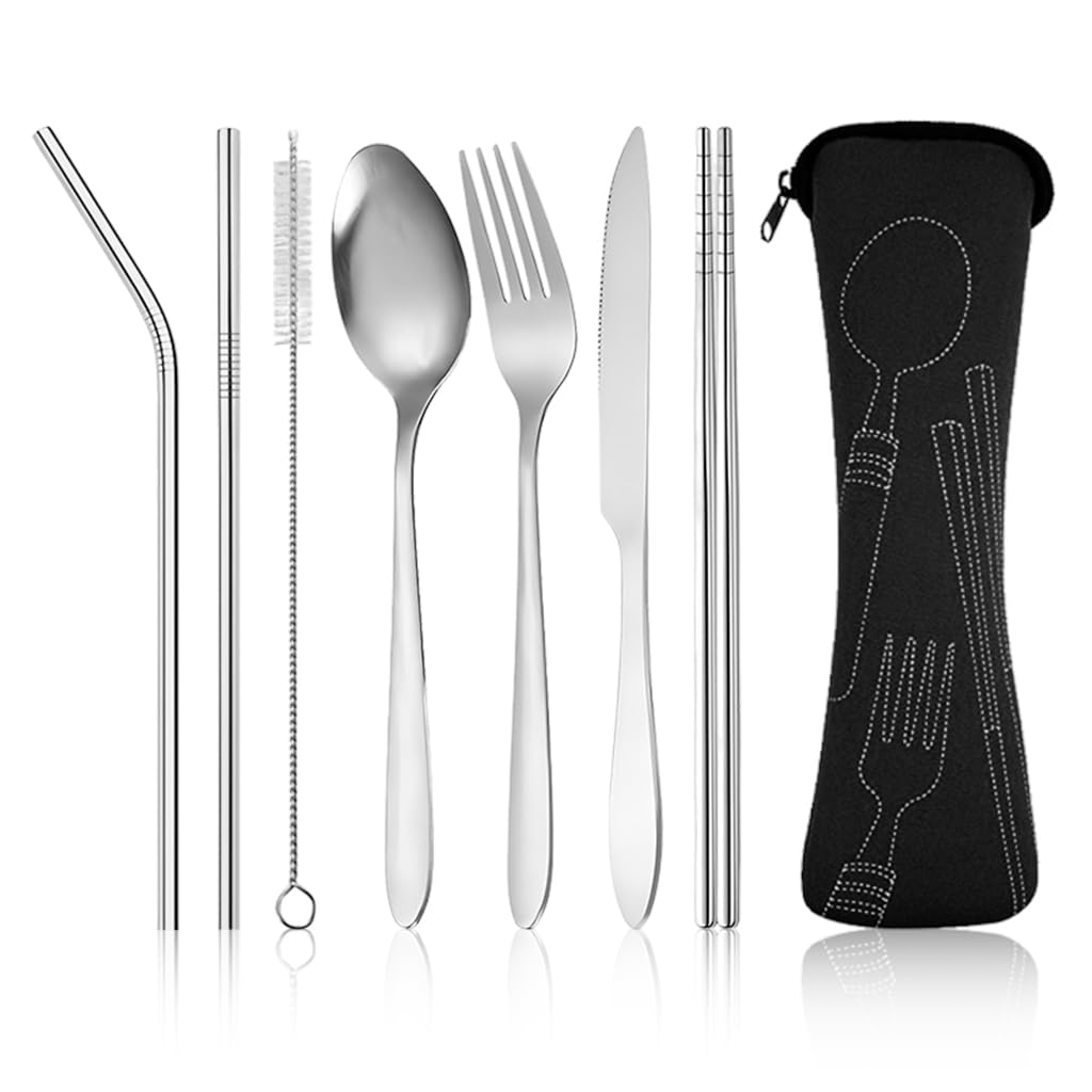 HASTHIP Flatware Set for Travel and Daily Dining with Storage Bag | 7Pcs 304 Stainless Steel Cutlery Featuring Chopsticks and Straw Brush