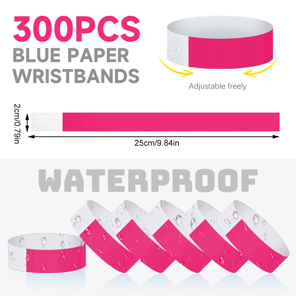 HASTHIP Paper Wristbands for Events with Self Adhesive Closure 300 Pack Rose Red | 25cm Adjustable Bands