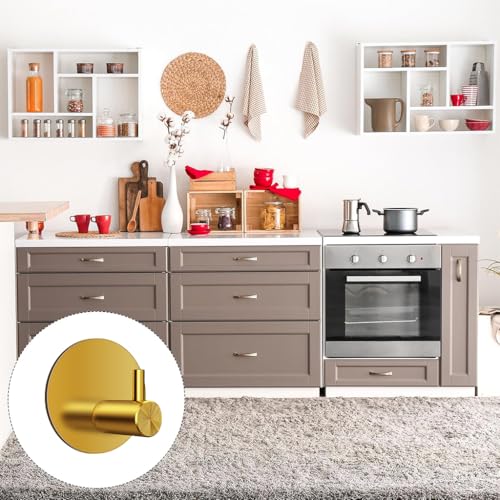 HASTHIP® 4PCS Self Adhesive Wall Hooks Golden Stainless Steel Utility 0.5 Inch Round Rust-Proof Waterproof for Bathroom Kitchen Bedroom Door Back Hanging Bags Hats Towels Keys