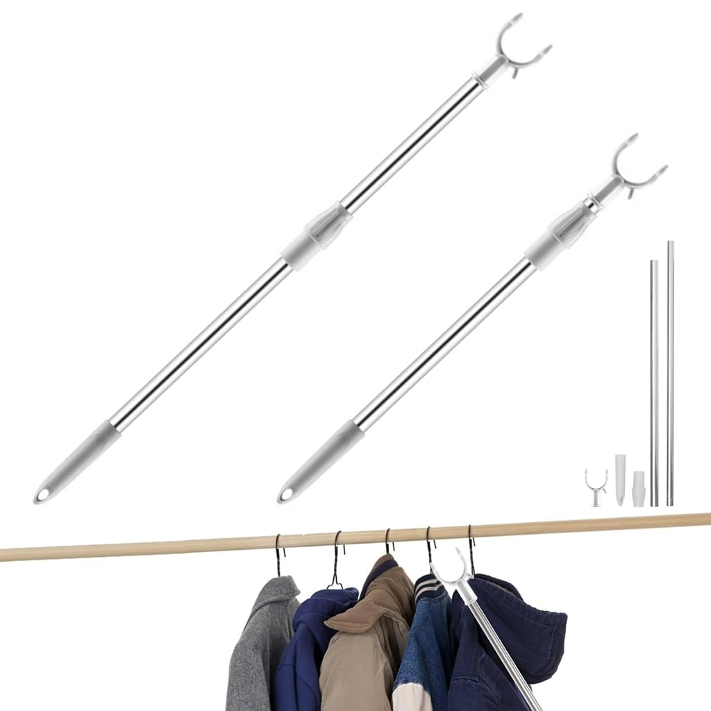 HASTHIP® Retractable Clothesline Pole, 32.6"-56.2" Telescopic Laundry Hanging Rod, Zinc Alloy Prongs Clothesline Pole, Suitable for Indoor and Outdoor Use