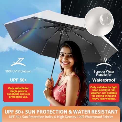 HASTHIP® UPF 50+ Sun Protection Travel Umbrella, Compact Folding Lightweight Windproof Rain & UV Blocking Umbrella with Fiberglass Ribs, Water-Resistant Black Coated Liner, Beige
