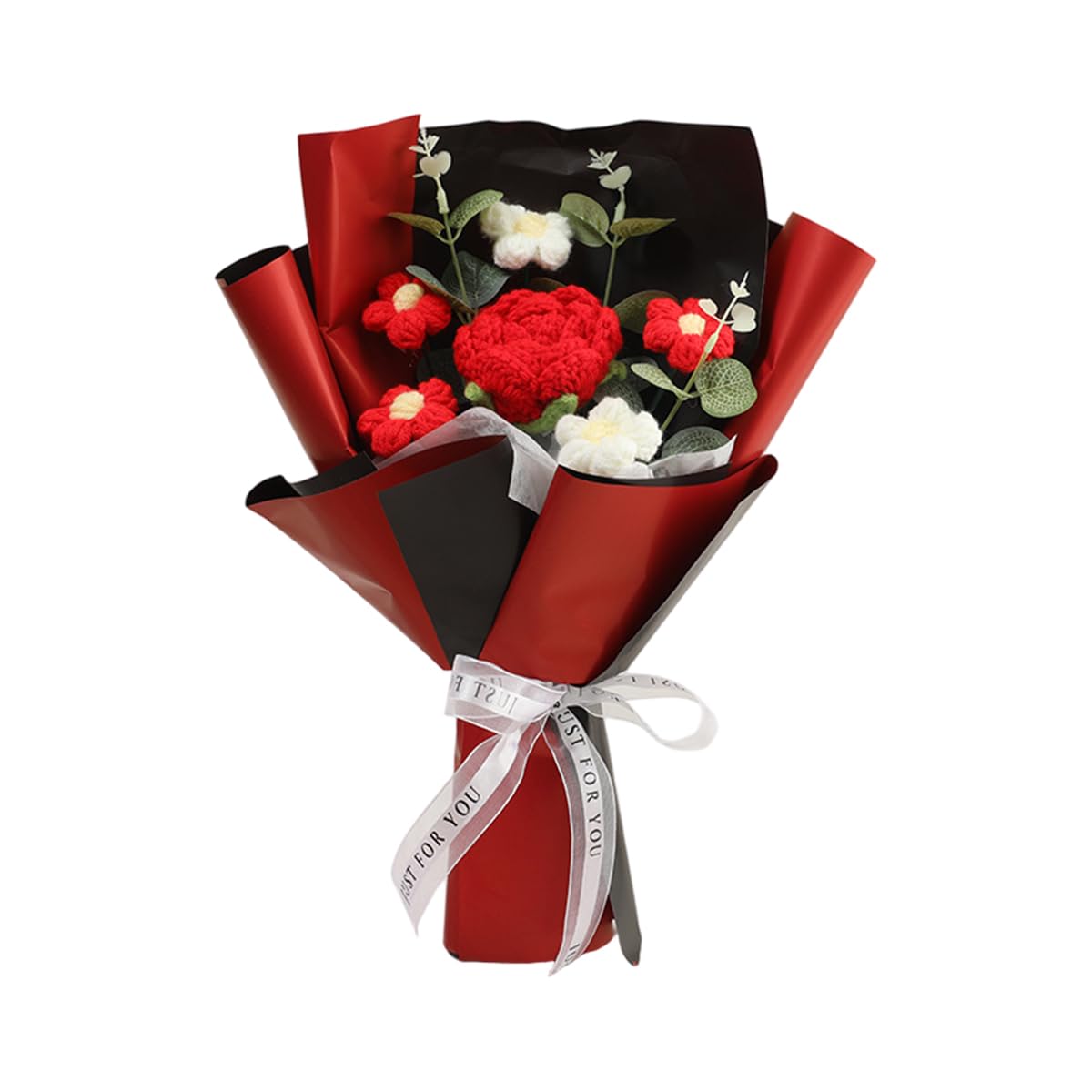 HASTHIP Crochet Mini Rose Flower Bouquet for Wedding and Desk Decor with String Lights