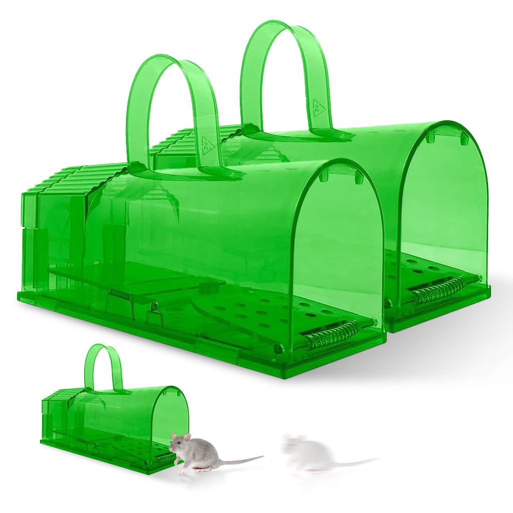 HASTHIP® 2 Piece Large Mouse Trap with Handle - 7.9 Inches Green Large Rat Trap - No-retreat Spring loaded Door Mouse Trap - Humane Mouse Trap - Easy to Set Up - Mouse Catcher Reusable