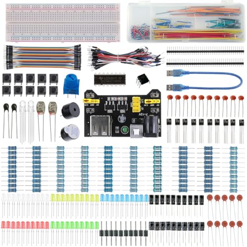 HASTHIP® 480Pcs Electronics Component Fun Kit with Power Supply Module, Jumper Wire, Precision Potentiometer, 830 tie-Points Breadboard Compatible with STM32, Raspberry Pi
