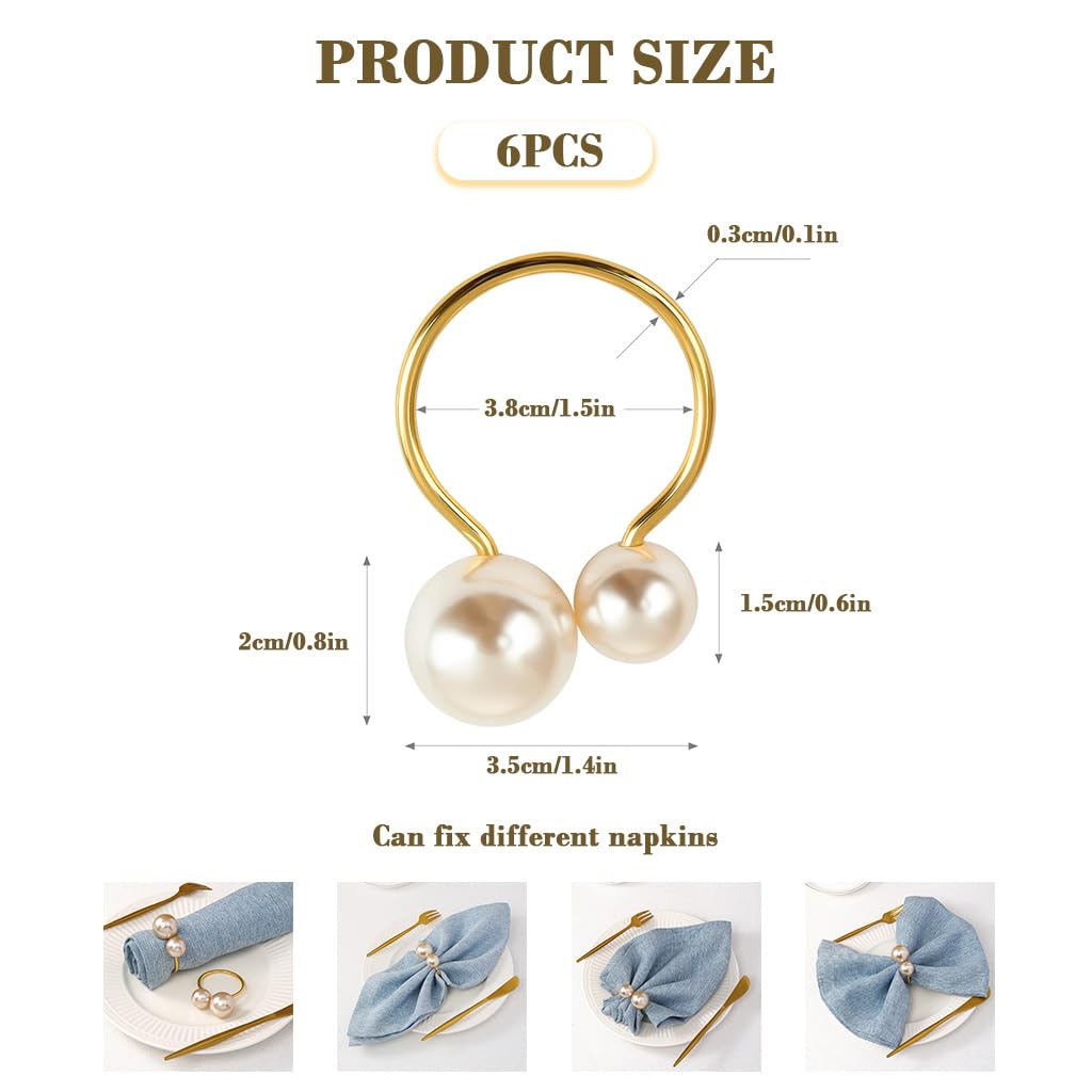 HASTHIP Faux Pearl Napkin Rings for Weddings and Festive Tables | Set of 6 Golden Holders