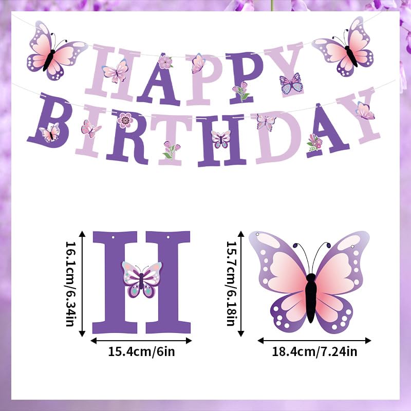HASTHIP Birthday Party Supplies for Purple Butterfly Theme with 6 Hanging Spirals and 12 Cake Toppers