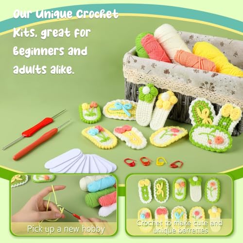 HASTHIP® NAWOKEENY 10Pcs Crochet Kit for Beginners,DIY Flowers Hair Clip Making Kit,Crochet Starter with Yarn Hooks Hair Clips Accessories Knitting Tools Step-by-Step Tutorial Video for Girls
