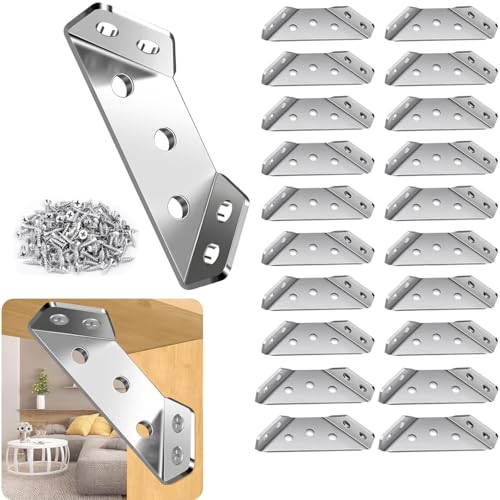 HASTHIP® 20Pcs Furniture Corner Connectors with 120Pcs Screws, Heavy Duty Stainless Steel Angle Corner Connectors Corner Brackets Metal Corner Braces for Wood Cabinets, Shelves, Furniture Assembly