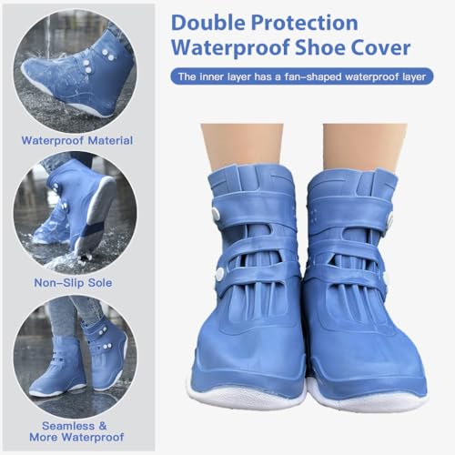 HASTHIP® Silicone Shoe Rain Cover for Men Waterproof Shoe Cover, Outdoor High Top Shoe Cover, Anti-slip Puncture Proof Sole Design Outdoor Shoe Rain Cover with Button Closure, US Size 7.5-9, Blue