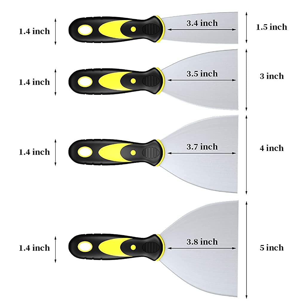 HASTHIP Putty Scraper Set for Drywall and Plaster Repair with Ergonomic Handle | 4 Pack 5 in 4 in 3 in 1.5 in CR‑V Steel Blades