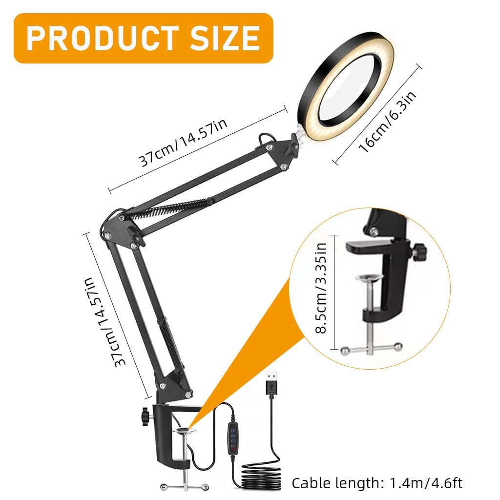 HASTHIP Desk LED Magnifier for Reading and Repairing with 10X Lens and Flexible Arm | 3‑Color USB Lamp