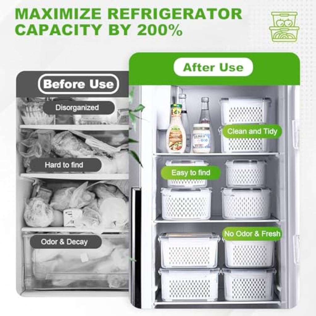 HASTHIP® 5PCS Kitchen Storage Box for Kitchen Used Fridge Storage Containers Set with Lid Airtight Container Boxes for Storage & Container Double Layer Fridge Organiser Storage Boxes with Drain Basket