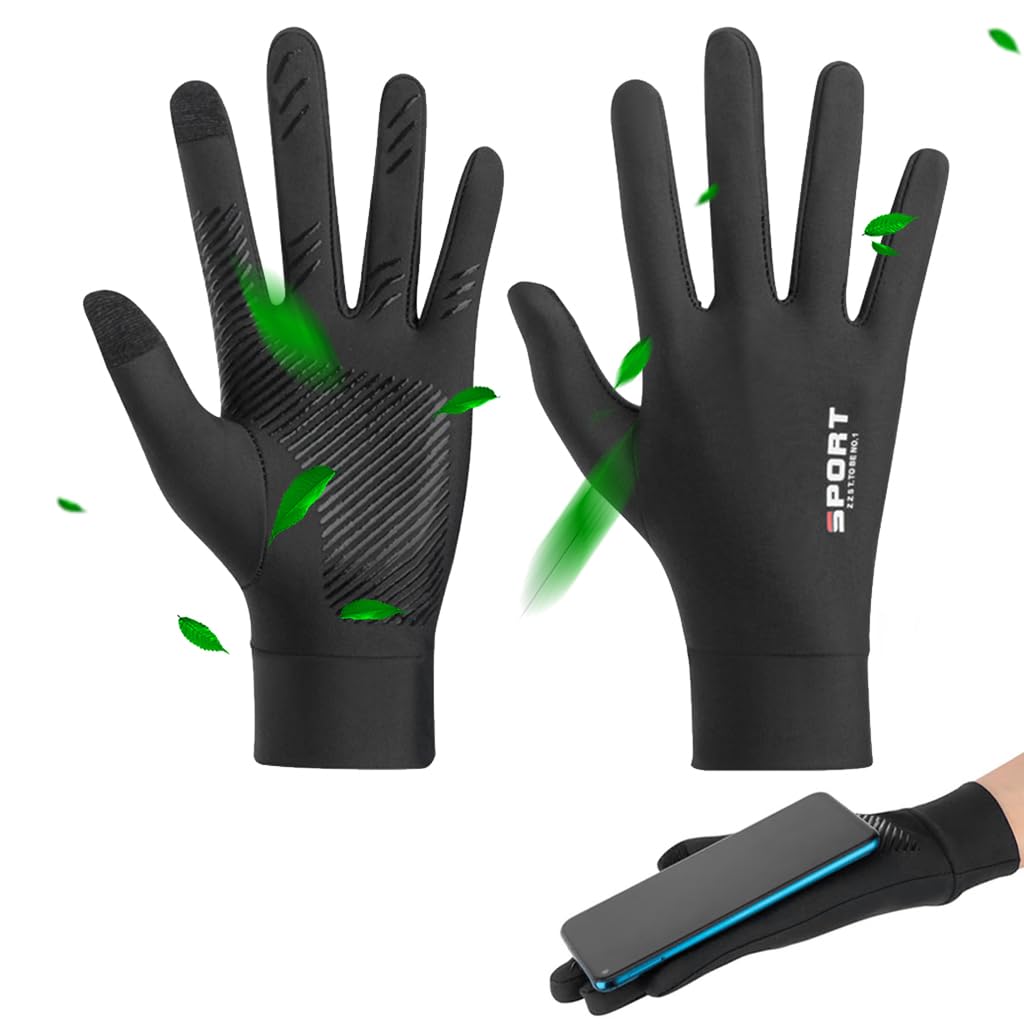 HASTHIP® Guantes de Protección Solar UPF 50+ Verano Seda Helada con Palma Antideslizante y Punta Táctil Unisex Negro para Conducir, Golf, Ciclismo - L