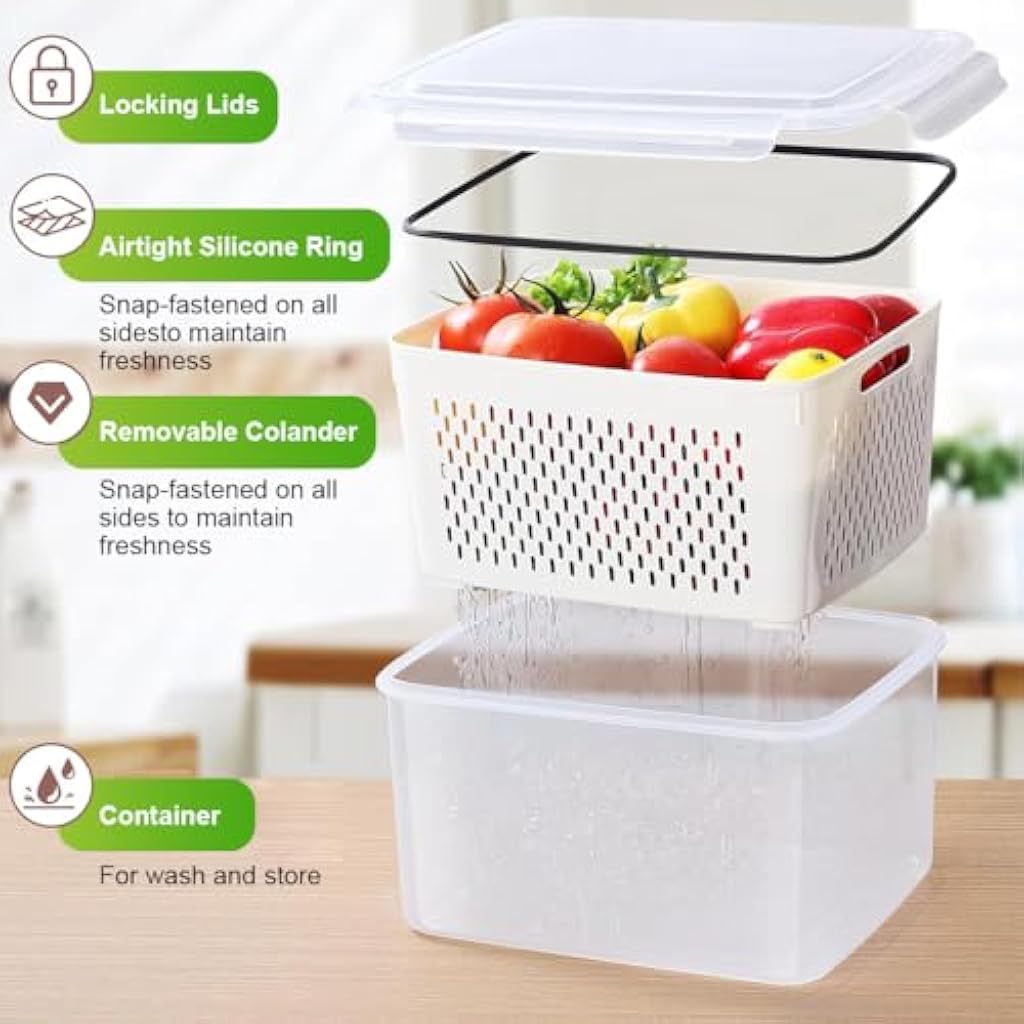 HASTHIP® 5PCS Kitchen Storage Box for Kitchen Used Fridge Storage Containers Set with Lid Airtight Container Boxes for Storage & Container Double Layer Fridge Organiser Storage Boxes with Drain Basket
