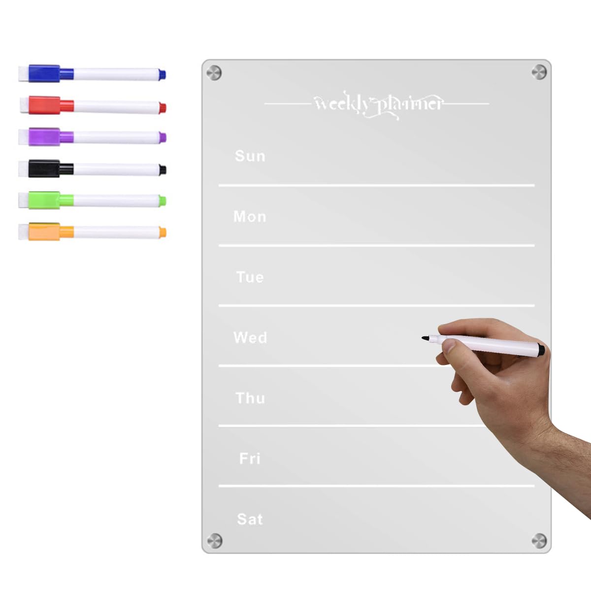 Acrylic Weekly Planner with 6 Color Pens, Magnetic Refrigerator Whiteboard, Meal Planner for Kitchen Fridge, Clear Weekly Calendar Planning Noteboard Dry Erase Board, 11.69x8.27inch