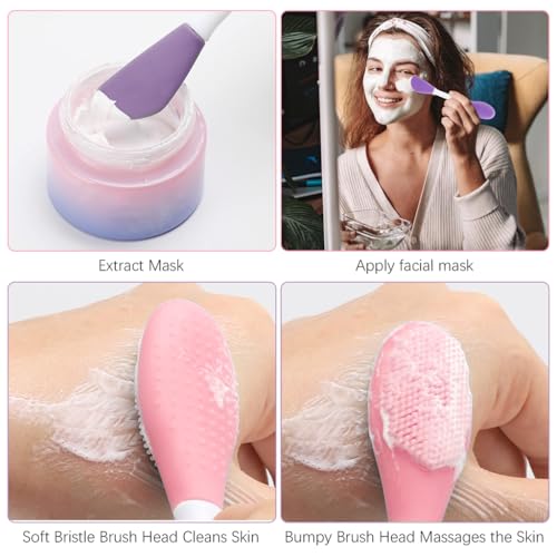 HASTHIP® YourBrand 2Pcs Silicone Face Mask Brush Set, Dual End Facial Applicator and Cleaning Scrubber, Soft Face Pack Brush for Mask, Cream, Mud, Gel Application and Removal, Makeup Tool for Skincare