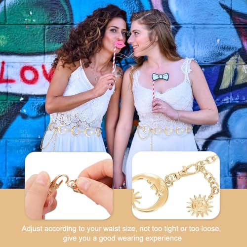 HASTHIP® Gold Waist Chain Belt for Women,Moon Star Metal Waist Chain for Dresses Saree Jeans,Adjustable Body Fashion Belt Party Suit Blazer or Evening Gown