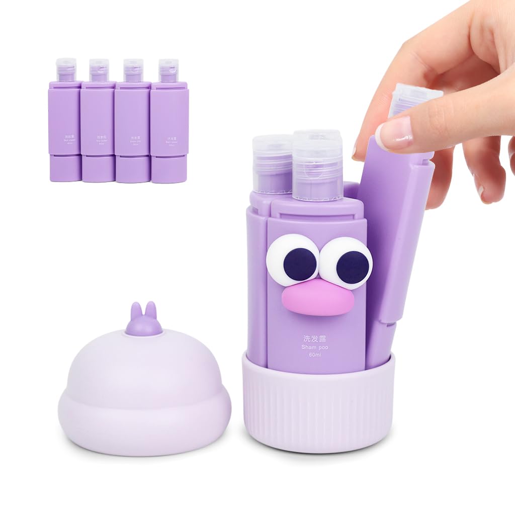 HASTHIP® Juego de 4 Botellas de Viaje Silicona 60ml,Set Portátil Recargable Antifugas Aprobado TSA,Contenedores Reutilizables con Tapas Abatibles para Champú,Gel Ducha Loción y