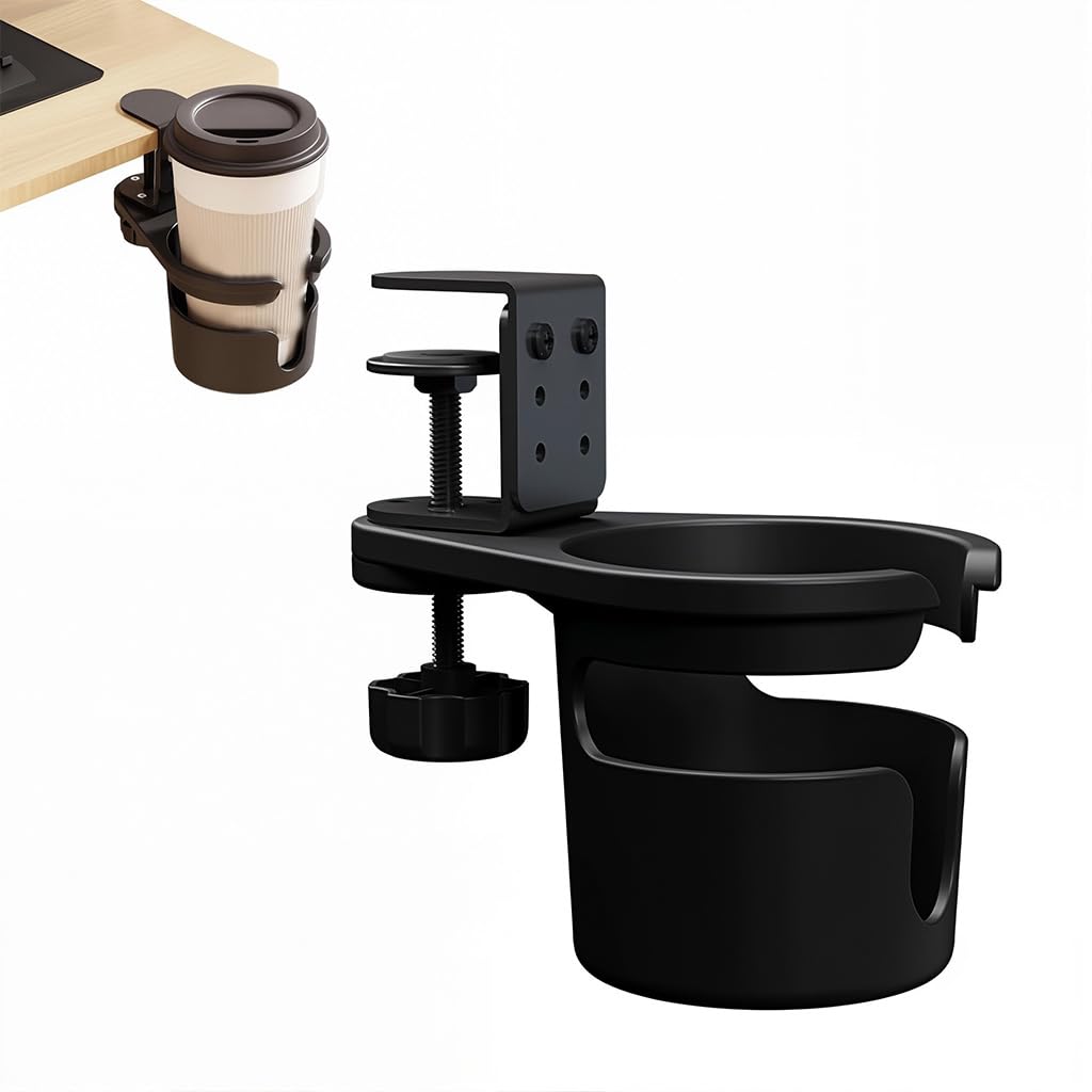 HASTHIP Desk Cup Holder for Home and Office with Swivel Design and Screw-Fix Clamp | Black Silicone Spill-Proof Drink Holder
