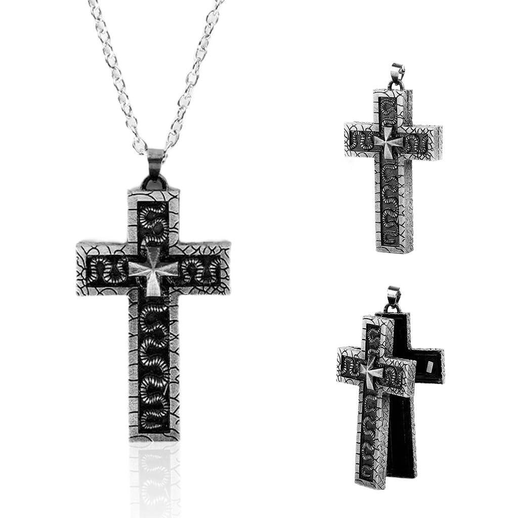 HASTHIP® Collar Cruz con Compartimento Secreto 3D para Hombres, Collar Grande Vintage con Diseño Gótico y Punk, Colgante de Cruz Metálica Tallada, Joyería de Moda Religiosa Masculina