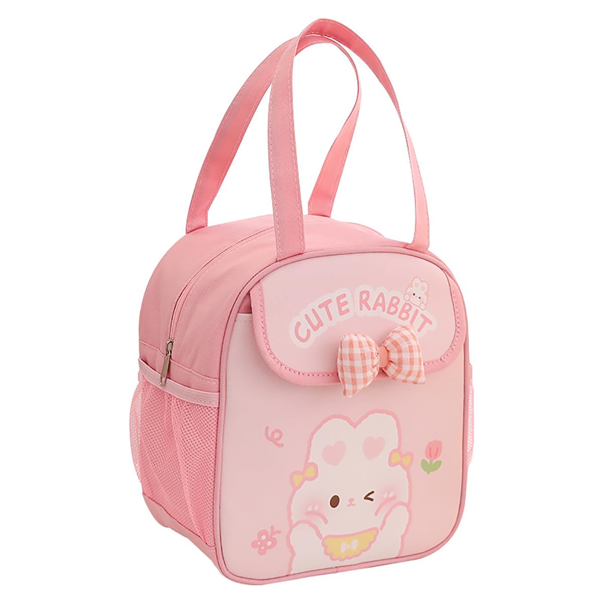 HASTHIP® School Lunch Box Bag Cute Cartoon Pink Bunny Print Thermal Lunch Box Bag with Insulated Foil Liner Side Pocket & Front Pouch Portable Outdoor Zipper Food Bag Picnic Bento Box Pouch