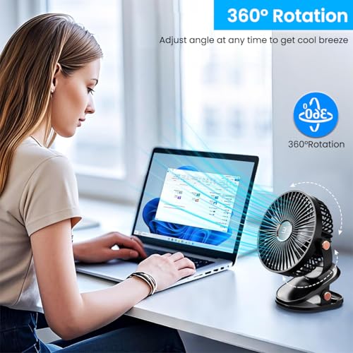 HASTHIP® Rechargeable USB Clip Fan with Night Light, 360° Adjustment 2000mAh High Speed Table Fan for Home, Office, Camping, 5-speed adjustments